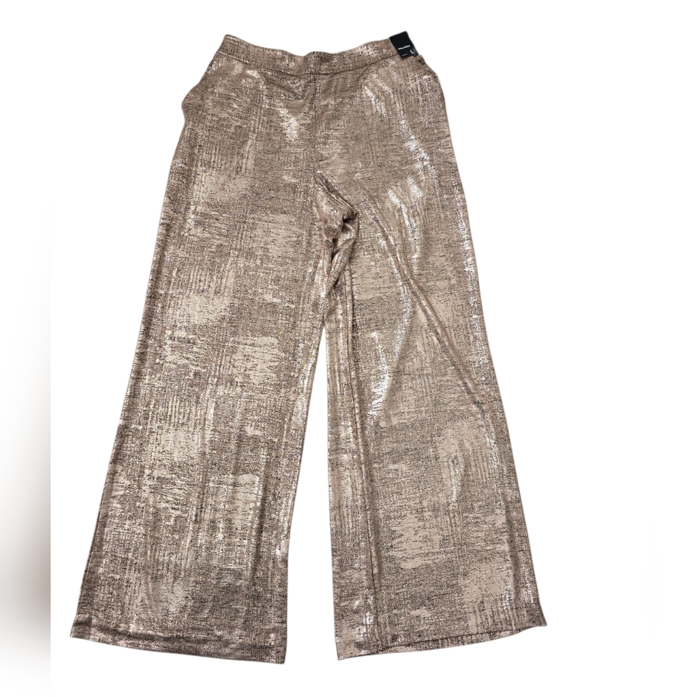 New York & Company Metallic Rose Gold Wide-Leg Jumpsuit Pants - Picture 3 of 9
